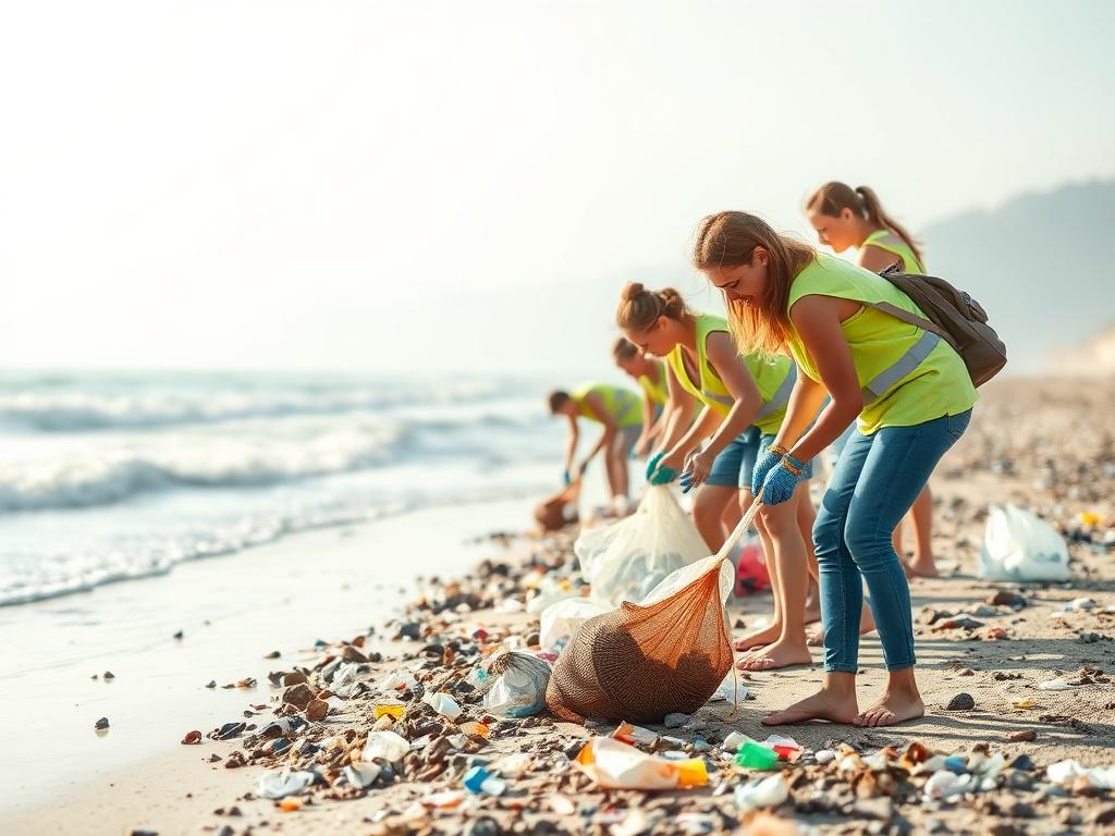 A realistic high resolution of a beach cleanup event, with