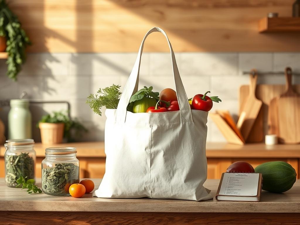 Create a realistic high-resolution photo featuring a single subject: a reusable shopping bag made of organic cotton, filled with fresh, vibrant produce such as vegetables and fruits. The bag should be prominently placed center stage, showcasing its eco-friendly attributes. 

The background should be a simple kitchen counter, adorned with natural textures like wood or stone to enhance the rustic aesthetic. Soft natural lighting should illuminate the scene, casting gentle shadows to provide depth. The colors 