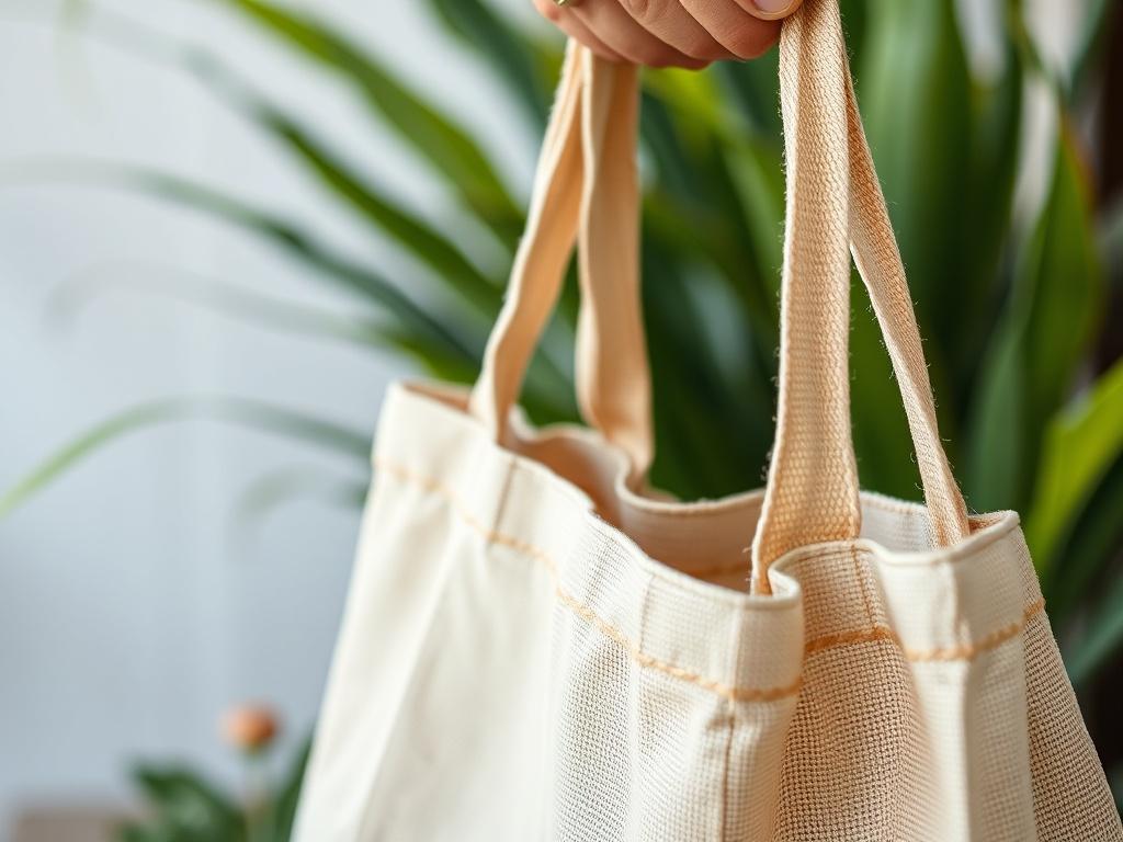 A close-up shot of a hand holding a reusable shopping bag made from natural materials, with a blurred outdoor background featuring green plants. The focus should be on the bag, showcasing its texture and details, while the colors are harmonious with rgb(162, 175, 127). The lighting should be soft and natural to emphasize the eco-friendly theme.