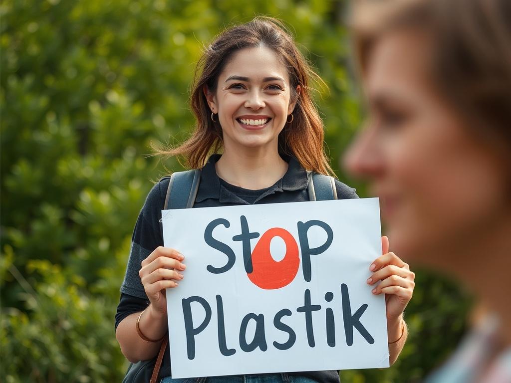 A hyper-realistic close-up shot of a woman passionately advocating against plastic use. She stands in a natural outdoor setting, holding a sign that reads 'Stop Plastik'. In front of her, there's another person whose face is slightly blurred, representing the collective effort in the movement. The background features greenery, symbolizing nature's beauty and the urgency of protecting it from plastic pollution. The image is shot with a 45mm f/1.2 lens style, focusing on the woman while softly blurring the ot