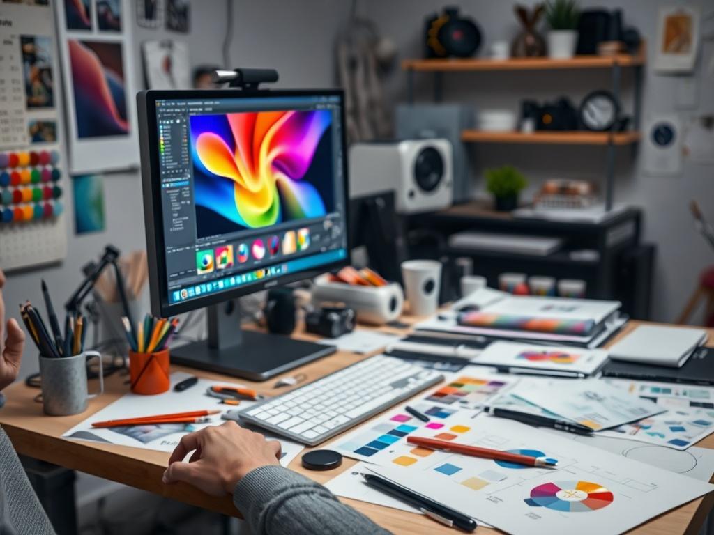 A graphic designer at work, focused on a computer screen