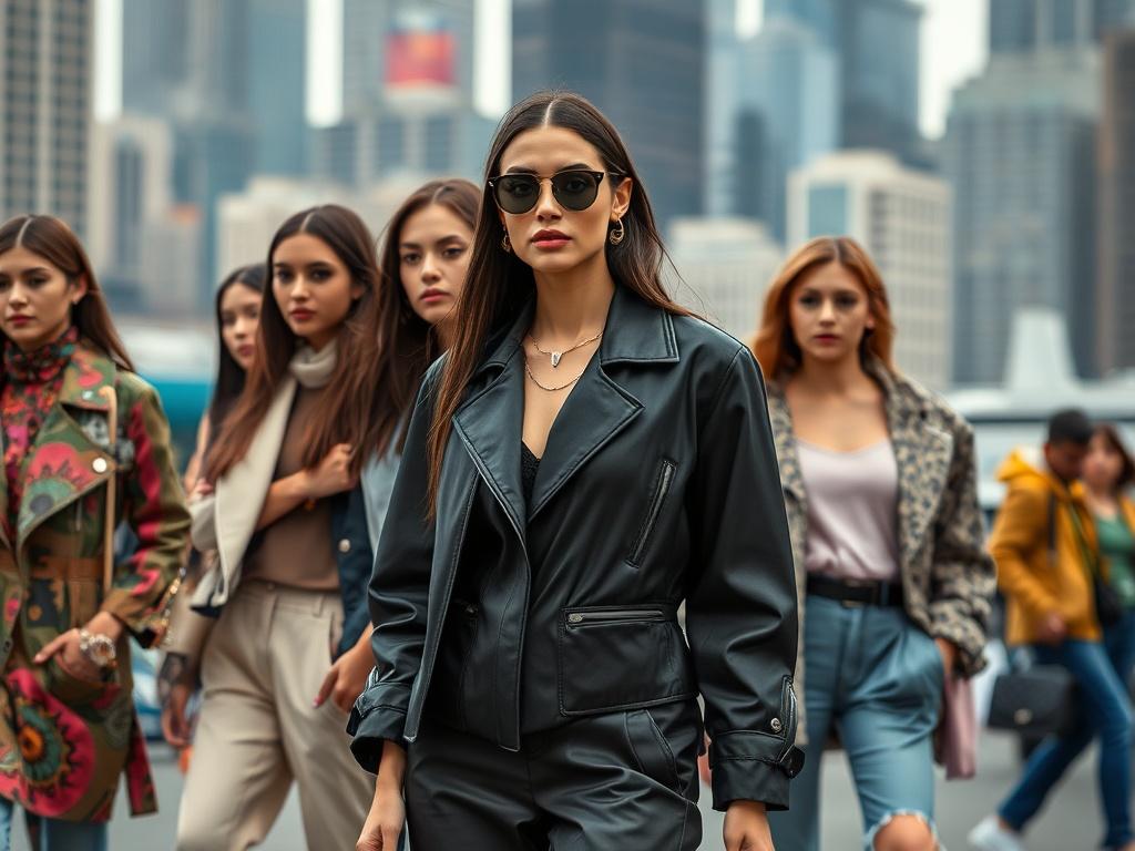 A vibrant fashion display featuring models showcasing the latest clothing collection in an urban setting, with a blurred city skyline in the background, captured in hyper-realistic detail using a 45mm f/1.2 lens.