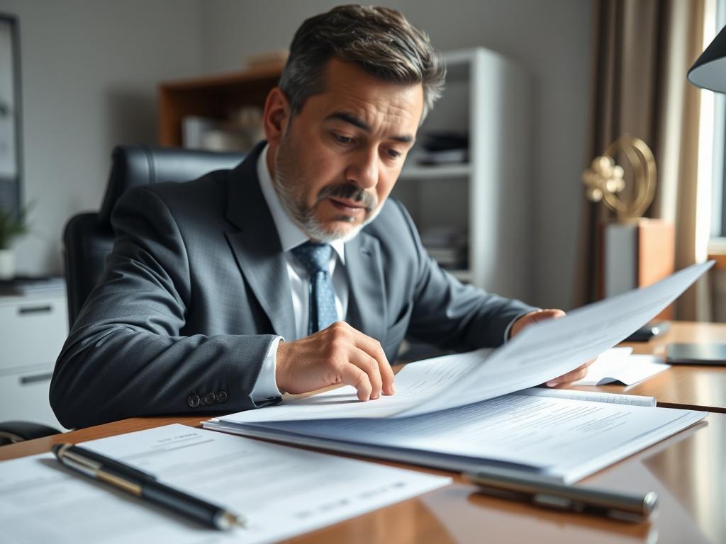 A realistic high-resolution photo of a professional consultant sitting at a desk with paperwork, focused on updating legal documents for a business transition. The office should have a clean and organized appearance, with natural light coming from a window in the background. The consultant should be a middle-aged Hispanic man, wearing a suit, appearing confident and knowledgeable. The composition should be simple and clear, capturing the essence of professional business consulting.