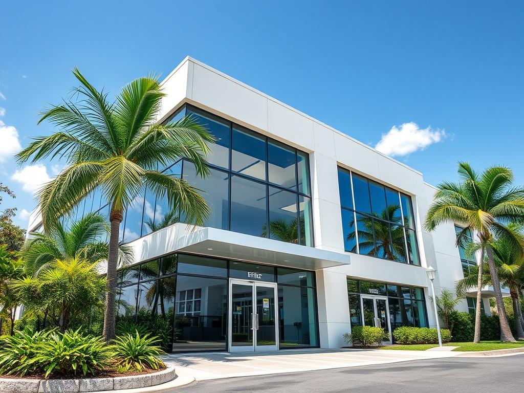 A modern office building exterior in Carolina, Puerto Rico, showcasing an inviting entrance with glass doors and large windows. The building is surrounded by lush greenery and palm trees, emphasizing a tropical atmosphere. The sky is clear with a few clouds, creating a bright and welcoming scene. The composition focuses on the building's architectural details, capturing its contemporary design.