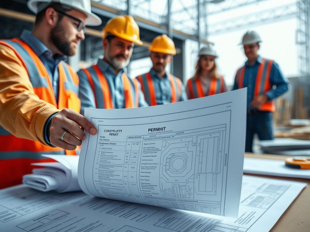 A well organized construction site with blueprints and construction materials,
