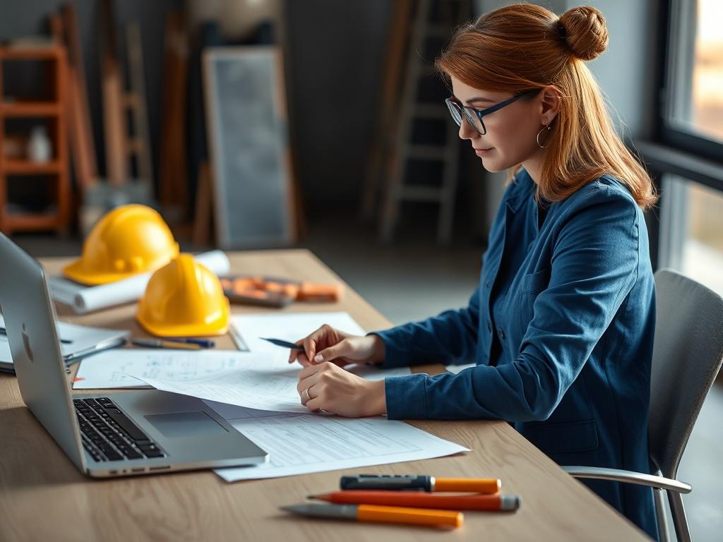 Una imagen hiperrealista que muestra a una consultora de permisos de construcción trabajando en una mesa con documentos y planos de negocio. La composición debe ser clara y simple, centrada en una sola consultora, con una luz suave iluminando el entorno. En el fondo, se pueden ver herramientas de construcción y una computadora portátil que refleja un ambiente profesional y acogedor.