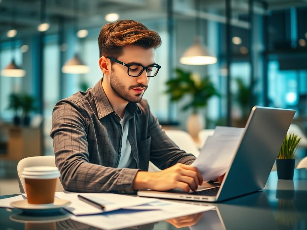 A realistic high-resolution photo showing a young entrepreneur working on a laptop in a modern office environment. The focus is on the entrepreneur, who is engaged in a brainstorming session, surrounded by papers and a coffee cup. The background should be softly blurred to emphasize the subject, with a bright and inspiring atmosphere reflecting creativity and innovation.