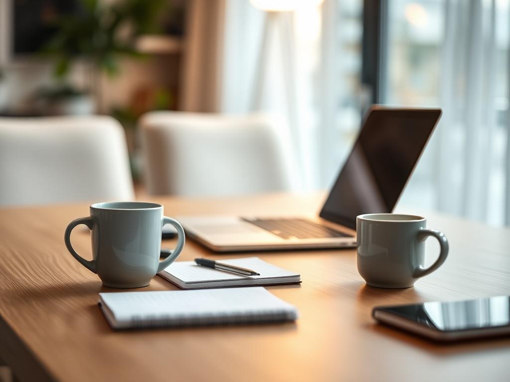A realistic high-resolution photo of a home office setting, featuring a modern desk with a laptop, notepad, and a coffee cup. The background should be softly blurred to focus on the desk. The lighting should be warm and inviting, reflecting a productive home business environment.