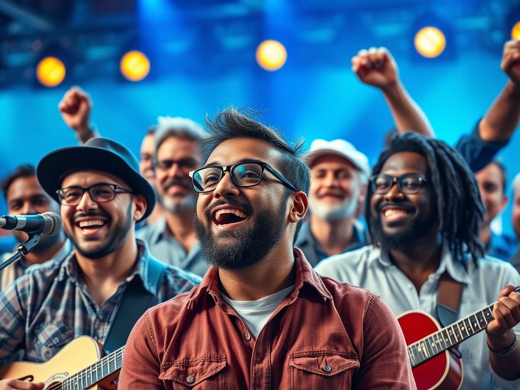 A high-resolution close-up shot of a montage of successful musicians and business owners, showcasing their achievements in a visually appealing format, with a dynamic and energetic background, shot with a 45mm f/1.2 lens style.