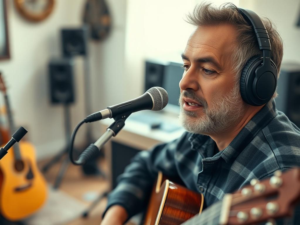 A high-resolution close-up shot of a musician sharing a heartfelt testimonial on camera, with a soft-focus background that includes musical instruments and a cozy studio atmosphere, shot with a 45mm f/1.2 lens style.