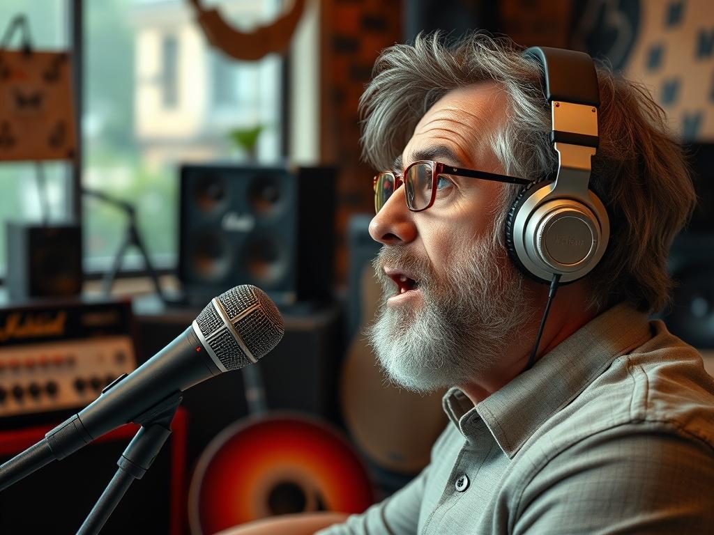 A high-resolution close-up shot of a music industry expert speaking passionately during an interview, surrounded by music-related decor, with a warm and inviting studio background, shot with a 45mm f/1.2 lens style.
