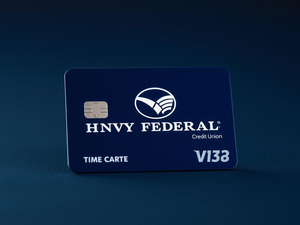 A realistic high-resolution photo of a navy blue credit card, prominently featuring the logo of Navy Federal Credit Union. The card should be centered in the image, with a clean and simple background that highlights the card's design. The lighting should be soft, giving the card a polished and professional appearance, shot with a 45mm f/1.2 lens to create a shallow depth of field.