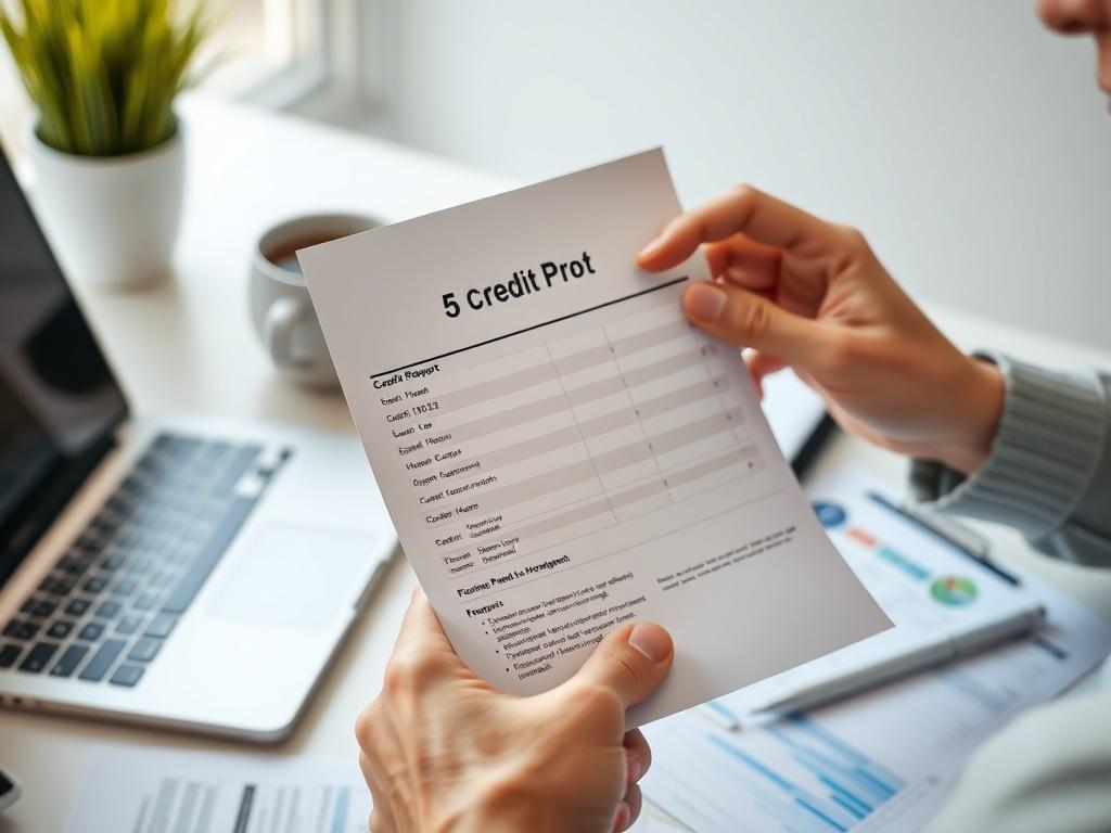 A close-up shot of a person's hand holding a credit report, with a focused expression on their face, analyzing the document. The background is softly blurred, highlighting a clean workspace with a laptop and financial documents. The overall color scheme harmonizes with the #C31755 primary color, emphasizing professionalism and financial empowerment.