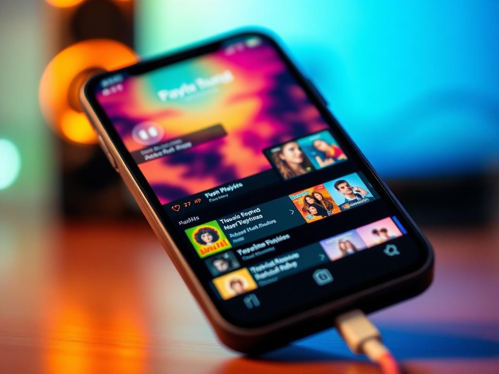 A vibrant, close-up shot of a smartphone displaying a music streaming app with colorful playlists. The background should be soft and blurred, emphasizing the phone as the main subject. The image should reflect a lively and engaging atmosphere, showcasing the joy of discovering new music.