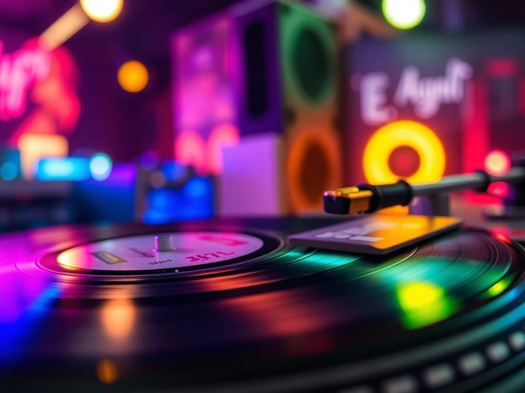 A dynamic close-up shot of a vinyl record spinning on a turntable, with colorful lights reflecting off the surface. The background should convey a lively music scene, capturing the essence of trendy music culture. The focus should be on the record and turntable, emphasizing the joy of discovering new music.