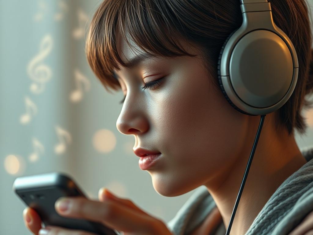 A close-up shot of a person wearing headphones, deeply engaged while listening to music on a portable device. The background should feature subtle musical notes and soft colors, creating an immersive atmosphere that highlights the joy of personalized music experiences.