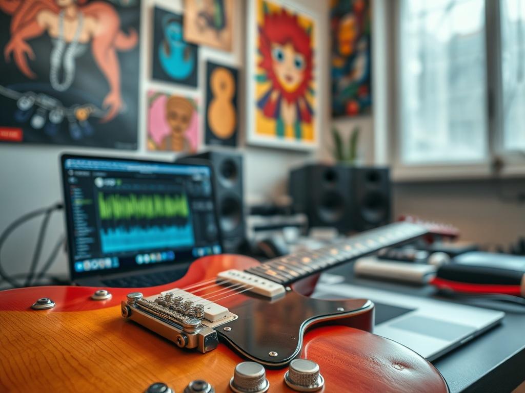 A close-up shot of a creative workspace featuring a guitar, a laptop with music production software open, and colorful artwork on the walls. The scene should convey a sense of artistic energy and professionalism, with a warm and inviting ambiance, capturing the essence of an independent artist's environment.