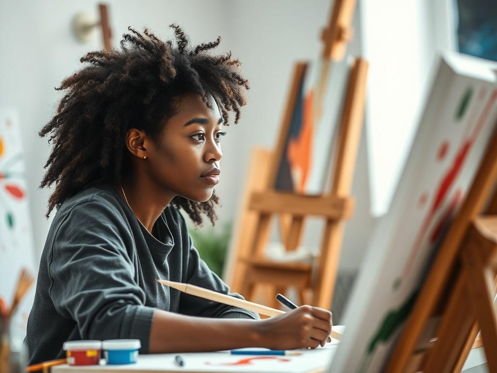 Create a highly realistic, high-resolution photograph that encapsulates the essence of "Building Your Brand Identity as an Independent Artist." The composition should be simple and clear, focusing on a single subject: an independent artist deeply engaged in their creative process. 

**Subject Matter**: The artist should be portrayed as a diverse individual (preferably a young adult) seated at a well-lit workspace, surrounded by art supplies such as paints, brushes, and canvases. Their expression should convey a sense of passion and focus as they work on their craft, perhaps with a canvas partially visible in the foreground that hints at their unique artistic style. 

**Background**: The background should be minimalistic yet reflective of an artist's environment, featuring soft, diffused lighting that highlights the artist without distraction. Consider including blurred elements like an easel, paint splatters on the wall, or vibrant canvases on the side to reinforce the creative theme without overwhelming the scene.

**Composition**: Use a shallow depth of field to create a cultural ambiance, with the artist sharply in focus while the background remains softly blurred. The colors should resonate with the idea of creativity, so incorporate warm and inviting tones with a primary focus on shades that align with rgb(226, 1, 1).

Overall, the image should visually communicate the concept of crafting a compelling brand identity while engaging the audience in the artist's journey.