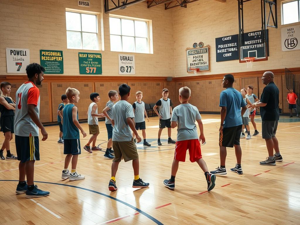 A high-resolution image capturing a dynamic youth basketball training session. The scene shows a diverse group of young athletes, ages 10 to 17, engaged in drills on a well-maintained indoor basketball court. Coaches actively instruct the players, demonstrating techniques. The atmosphere is energetic, with bright, natural lighting illuminating the court. Background includes motivational posters promoting teamwork and personal development, creating a supportive environment.