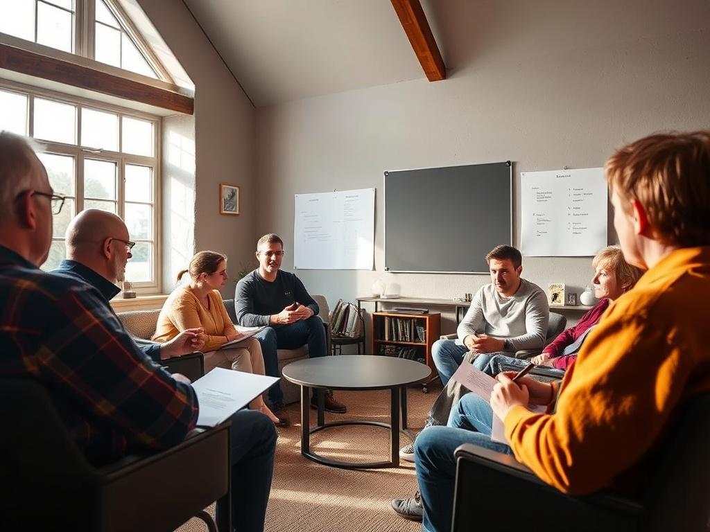 A focused image of a leadership workshop in progress at the Murrayside Spartans Academy. Participants, ranging from ages 18 to 50, engage in discussions around personal development and teamwork. The setting is a cozy meeting room with natural light streaming through large windows. A facilitator encourages interaction, and attendees are seen taking notes and sharing ideas. The atmosphere reflects growth, learning, and empowerment, reinforcing the academy's commitment to personal development through sports.
