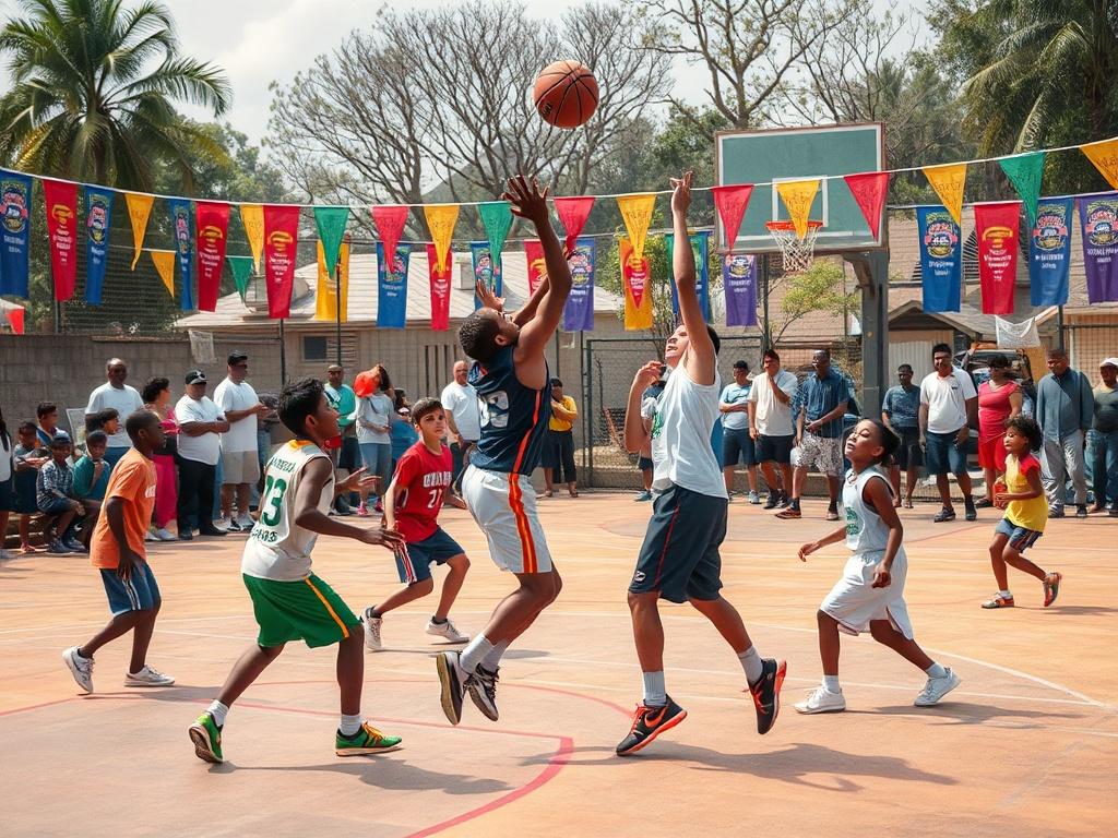 A vibrant scene from a community basketball competition showcasing players of various ages competing passionately on an outdoor court. Spectators, including families and friends, cheer from the sidelines, creating an electric atmosphere. Colorful banners representing the teams decorate the background. The image captures a moment of intense action as a player makes a jump shot, highlighting the spirit of competition and camaraderie in the community.