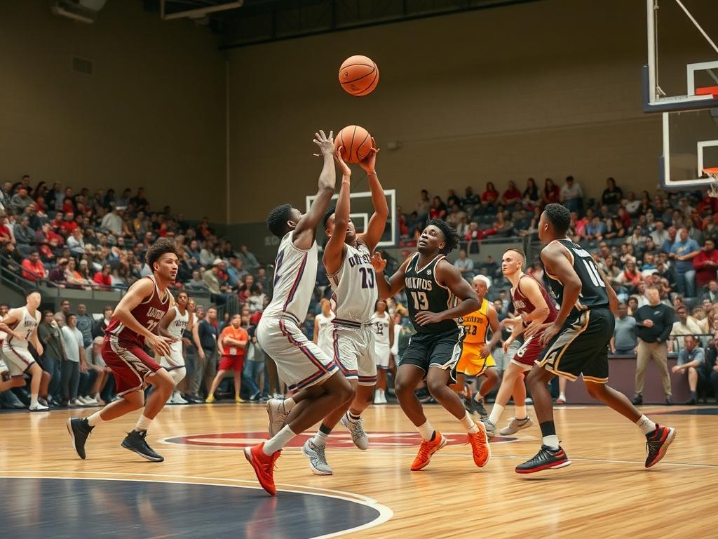 A high-resolution image of a competitive basketball game in action, featuring a diverse group of players in team uniforms vying for the ball on the court. The excitement of the crowd can be seen in the background, emphasizing the energy of the event. The scene captures the intensity and teamwork involved in competitive basketball.