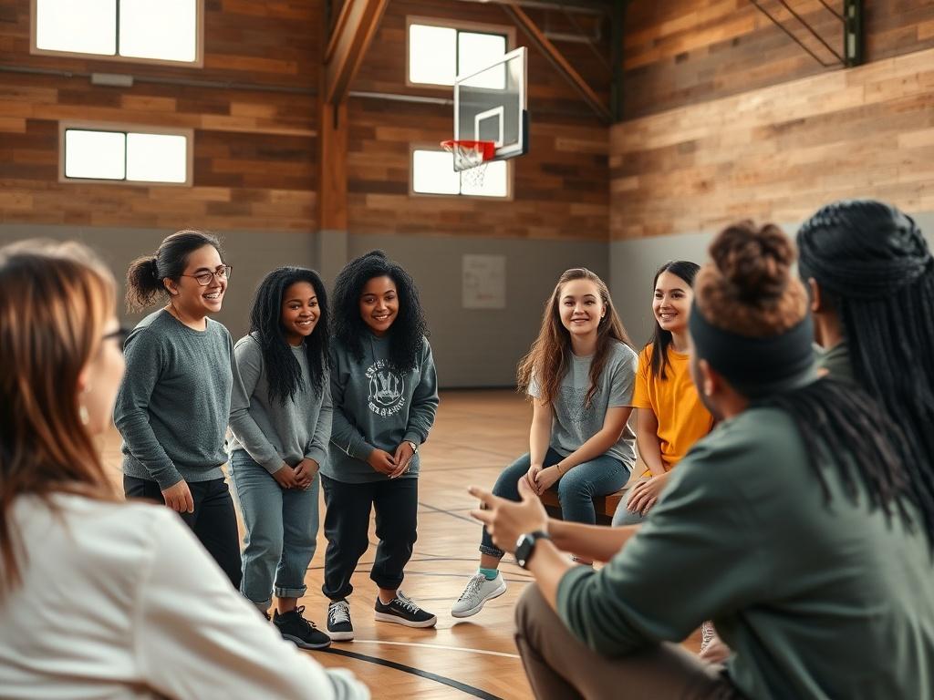 A high-resolution image depicting a diverse group of young adults participating in a leadership workshop, set in a basketball gym. The scene should show participants engaged in a discussion while a coach leads them in a practical exercise. Natural lighting should illuminate their faces, reflecting enthusiasm and collaboration.