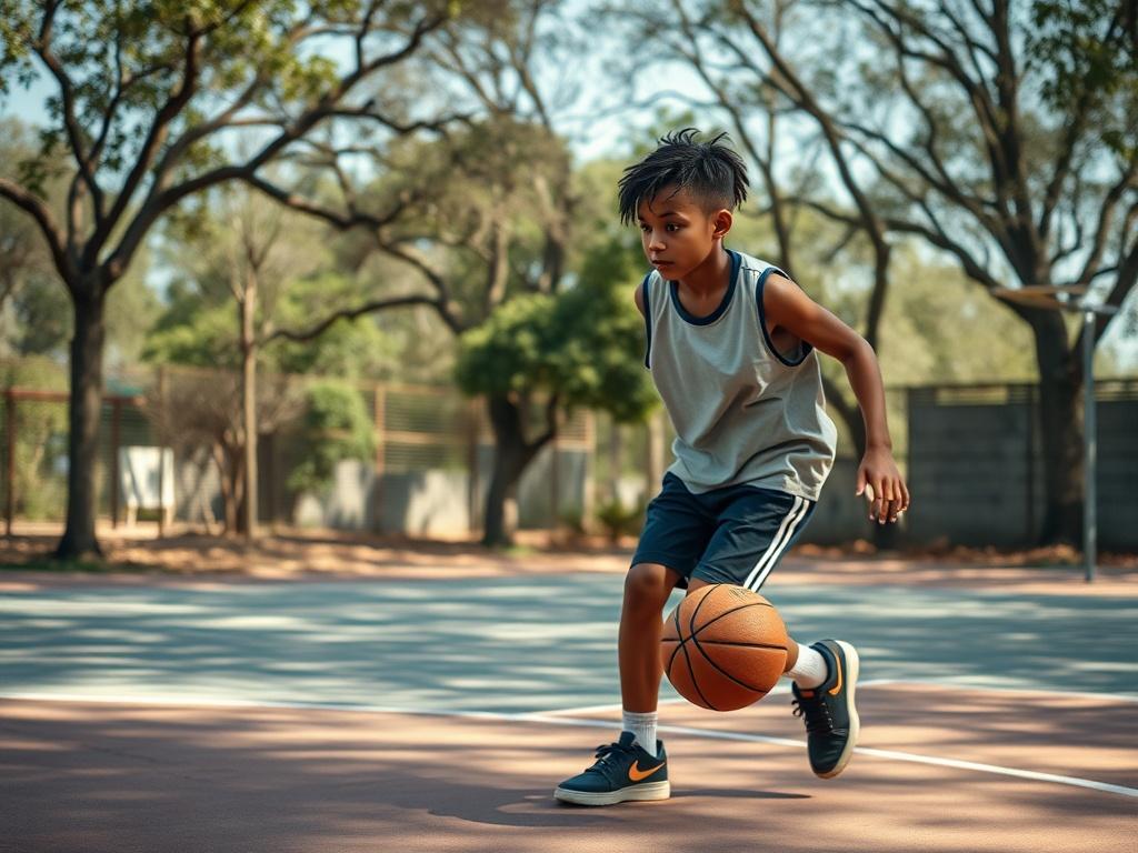 A high resolution of a young basketball player practicing dribbling