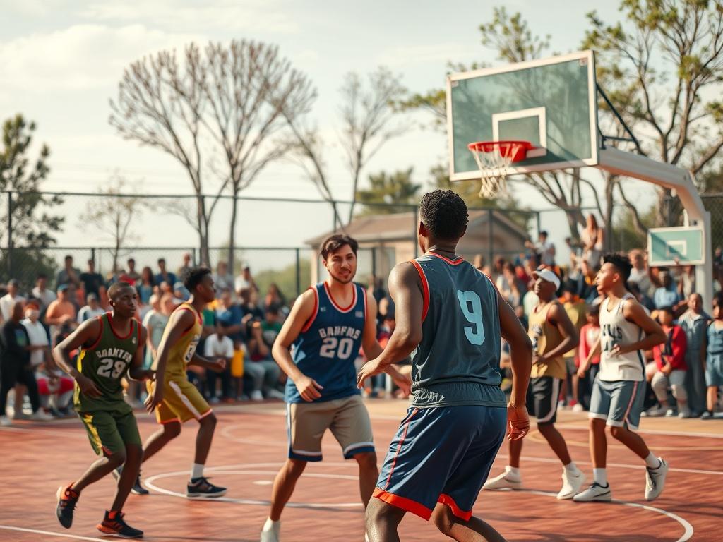 A high-resolution photo of a local basketball game in progress, featuring a diverse group of players competing on the court. The players demonstrate teamwork and skill, with an energetic crowd in the background cheering them on. The scene captures the excitement of community sports, showcasing the vibrant colors of the team uniforms and the natural lighting of an outdoor court. The image conveys a sense of camaraderie and passion for basketball among the participants.