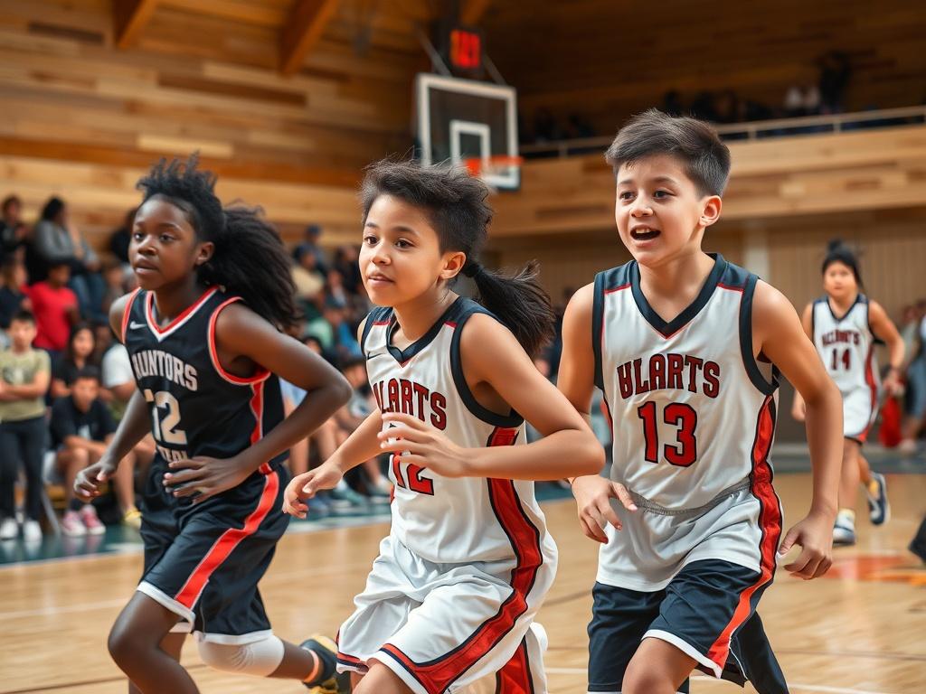 A high-resolution photo of a diverse group of young basketball players in action, competing in a tournament setting. The scene captures the intensity and excitement of the game, with players mid-action, showing determination and focus. The background features a basketball court with cheering spectators, emphasizing the competitive atmosphere. The colors are vibrant, showcasing the team's uniforms, and the natural tones of the gym environment complement the dynamic energy of the scene.
