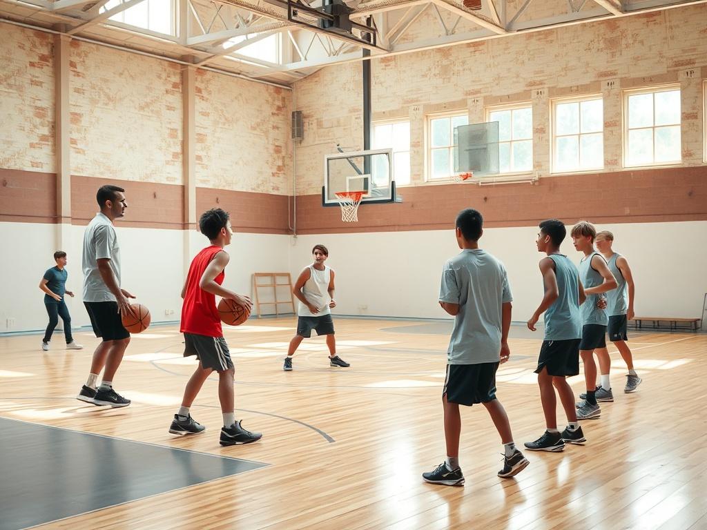 A high-resolution photo of a basketball training workshop with a coach demonstrating skills to a group of young players. The scene is energetic and focused, showcasing players practicing their dribbling and shooting techniques. The training environment is bright and inviting, with natural light illuminating the court. The image captures the dedication of both the coach and participants, emphasizing the importance of skill development and teamwork in basketball.