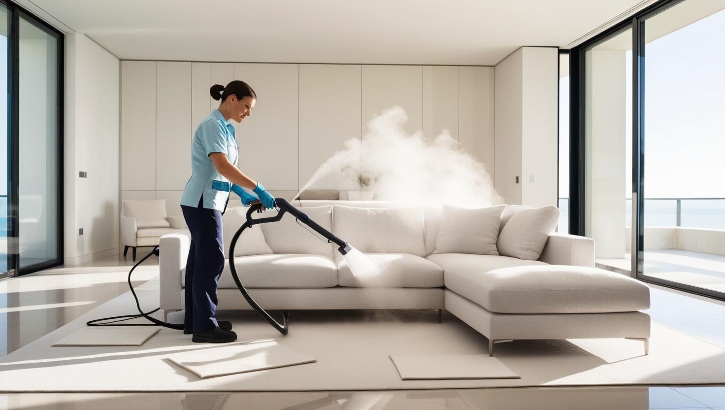 _a high-end american living room with a professional cleaner in a light blue uniform using a handheld upholstery cleaning machine on a white linen sectional sofa. the cleaner is gently focused on the cushion, ste.jpg