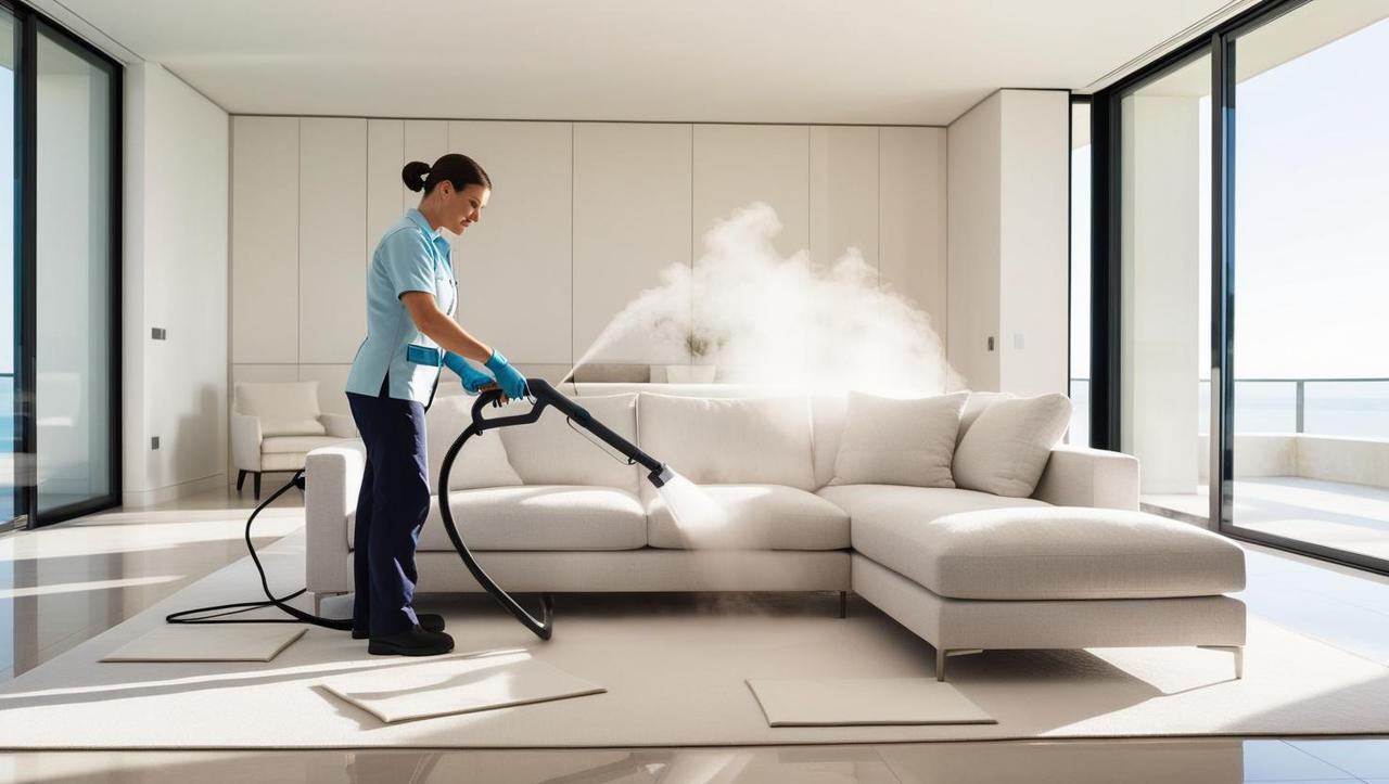 _a high-end american living room with a professional cleaner in a light blue uniform using a handheld upholstery cleaning machine on a white linen sectional sofa. the cleaner is gently focused on the cushion, ste.jpg