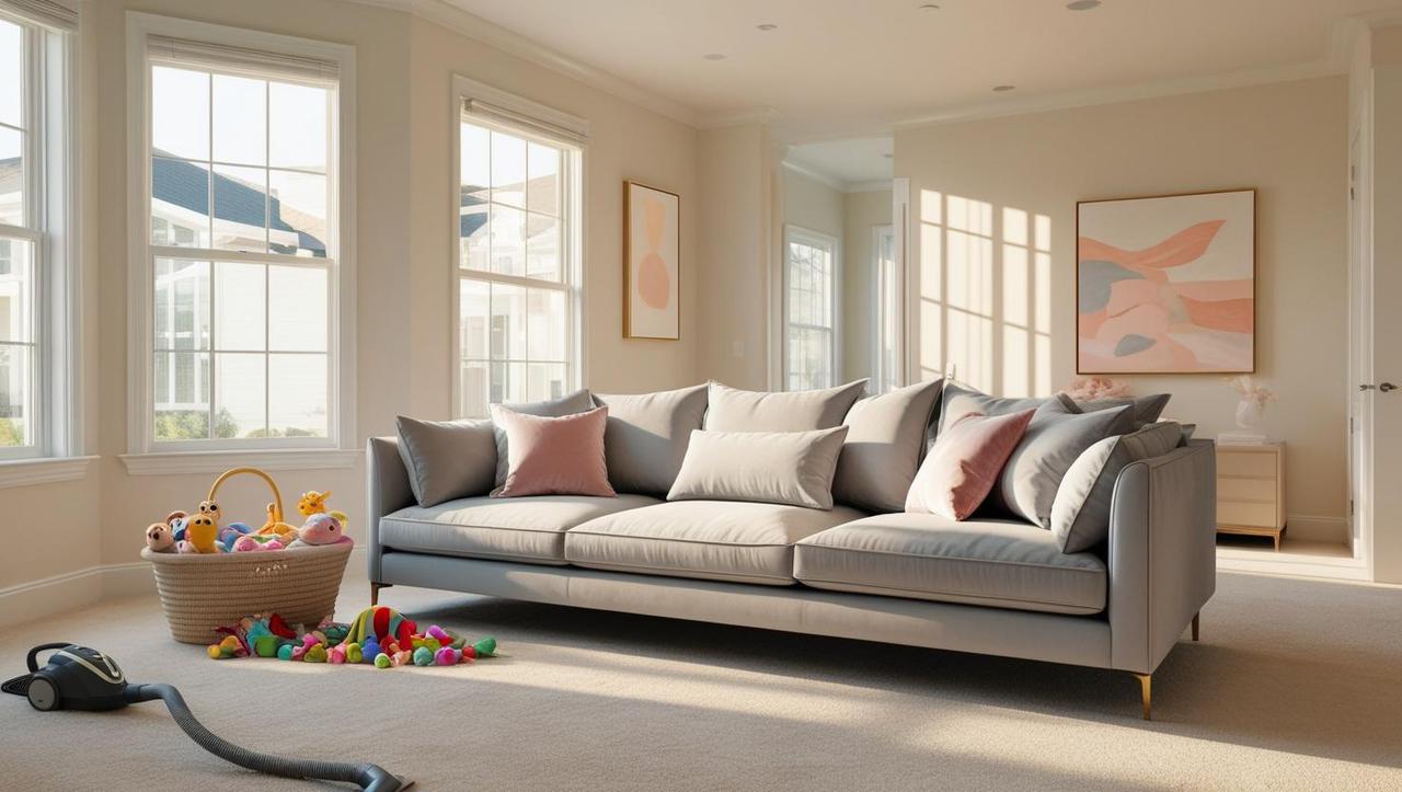 _modern upscale living room in a high-income suburban american home. soft gray couch, pillows neatly arranged, a child’s toy basket in the corner, pastel tones in decor, vacuumed carpet, big windows letting in su.jpg