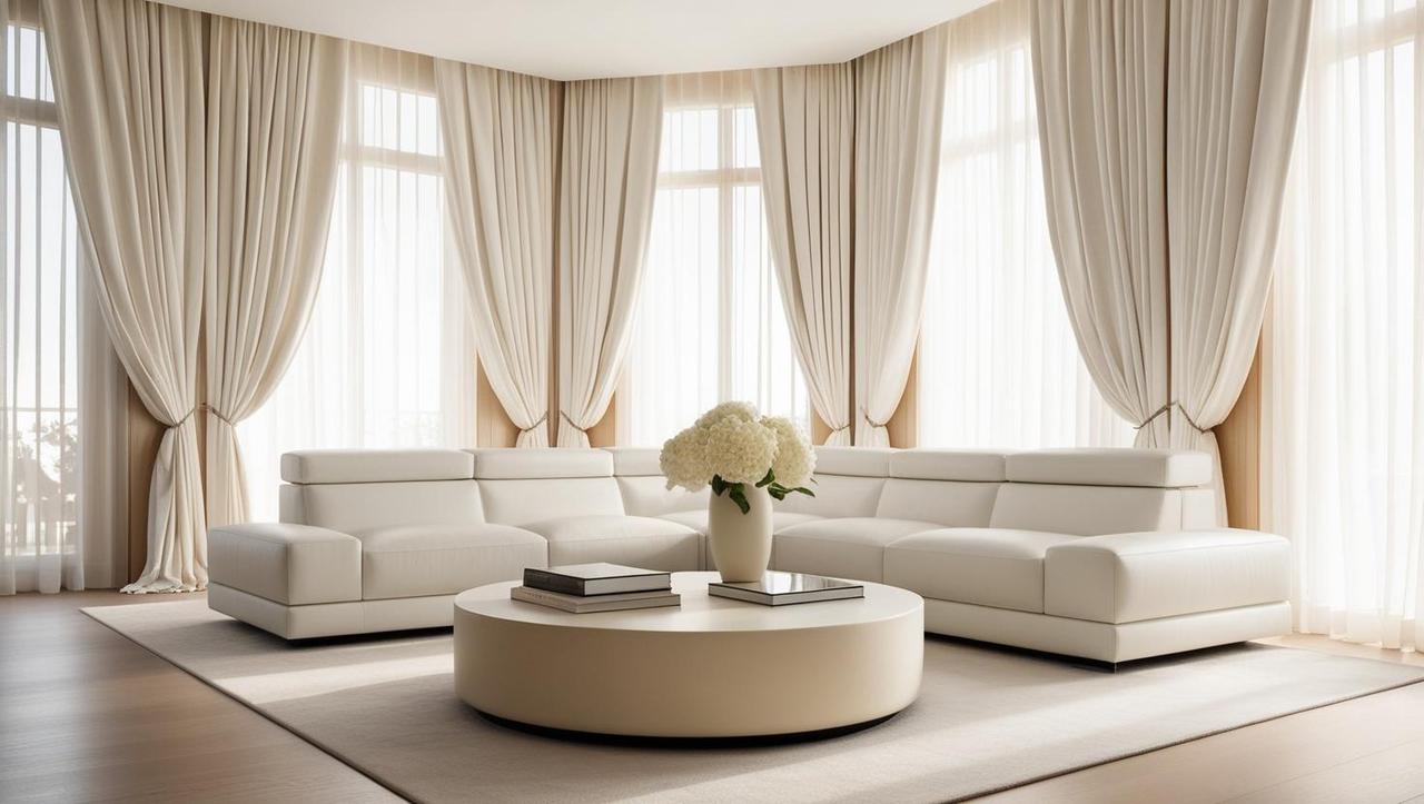 luxury living room in a modern high-end home, featuring a sleek white couch, round cream coffee table with books and a vase, warm natural light through large windows, and elegant soft curtains. clean, calm, and s.jpg