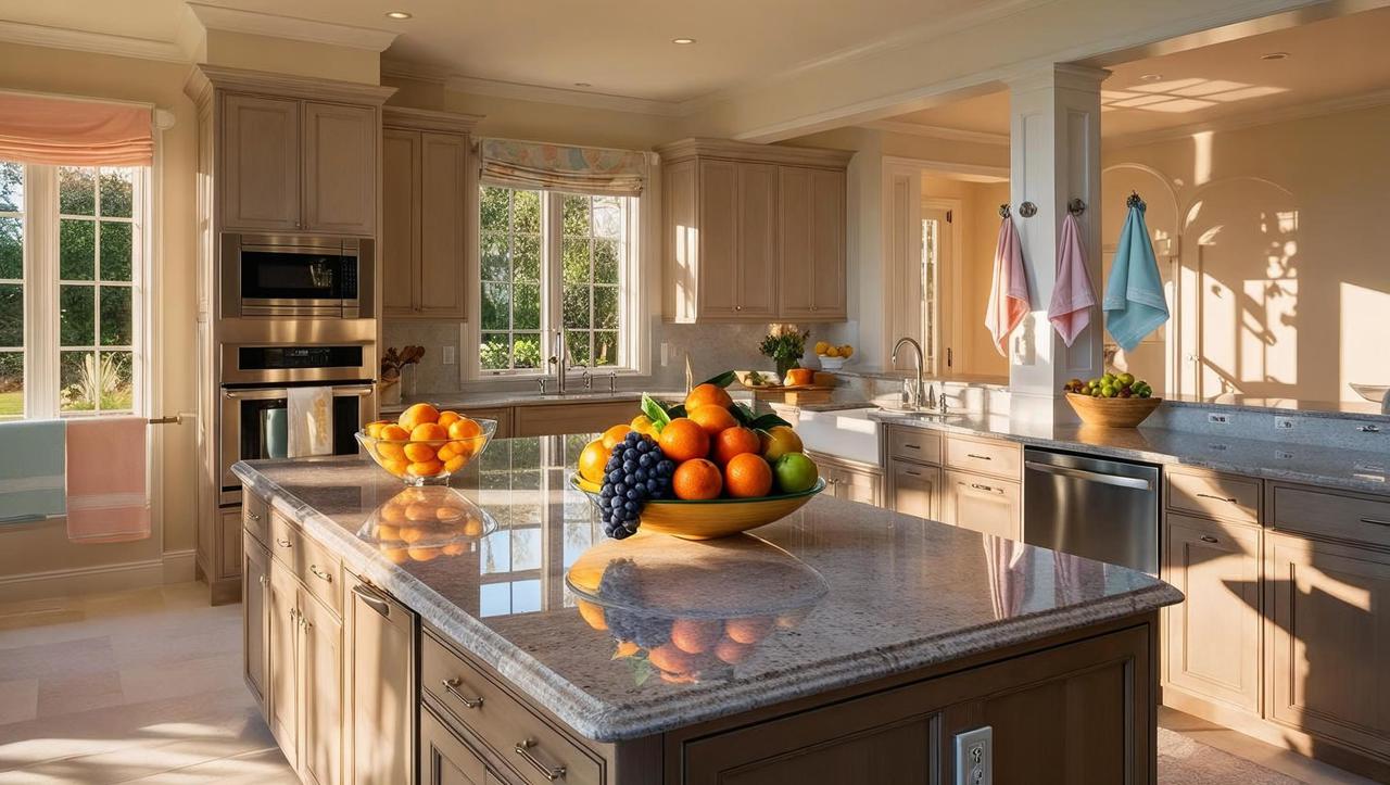 open-concept kitchen in a luxury american home. clean granite countertops, stainless steel appliances, fruit bowl in center, soft pastel dishtowels hanging, no clutter, natural shadows from daylight. feels real, .jpg