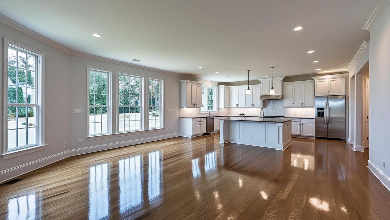 empty luxury home interior freshly cleaned and ready for move-in. hardwood floors spotless, baseboards dusted, windows streak-free, natural light filling the space. modern white kitchen visible in the background,.jpg