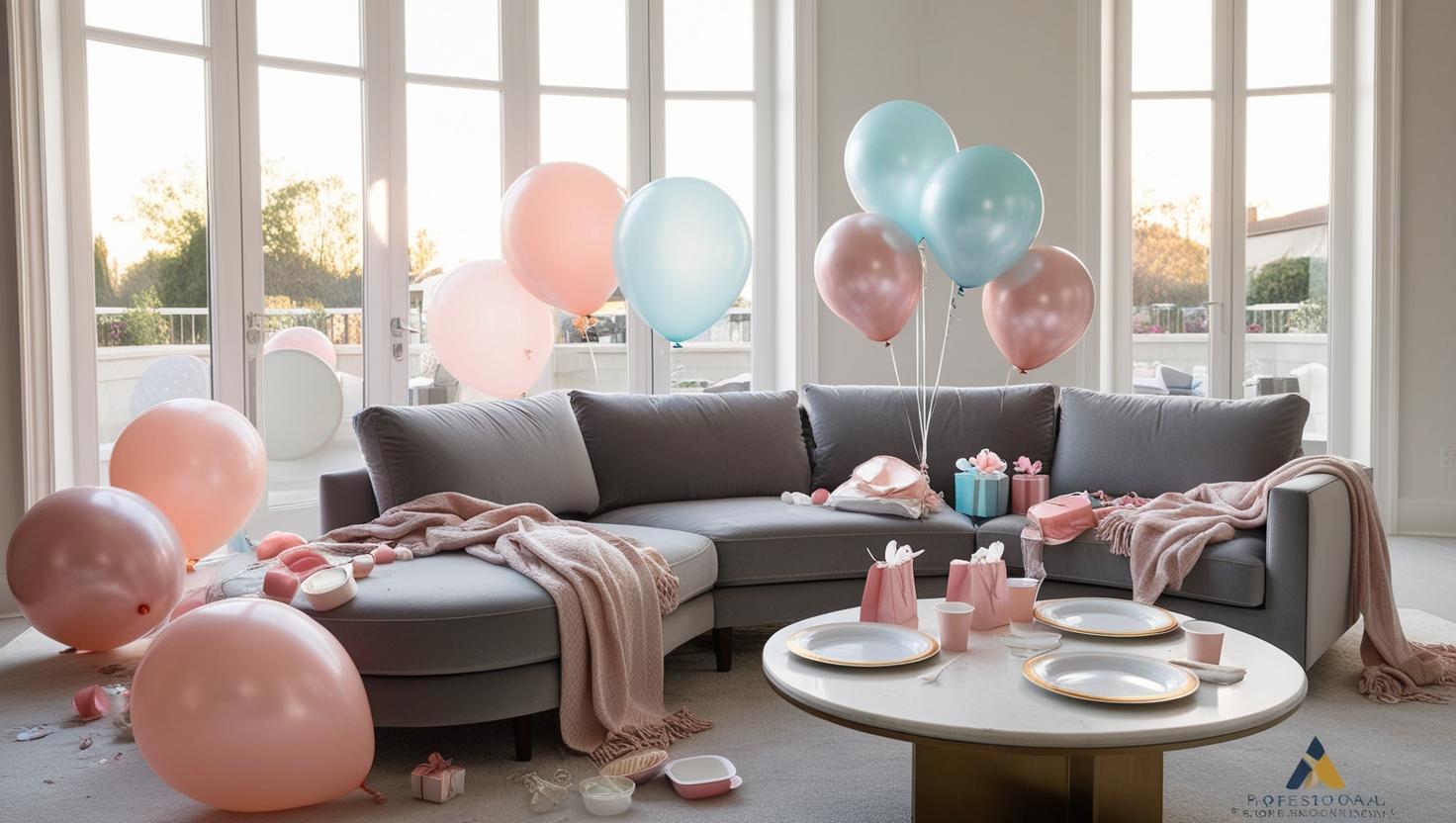 modern american living room after a baby shower. blush pink and pastel blue balloons partially deflated, empty cupcake trays, gift bags in the corner, coffee table with plates and drink cups. elegant gray section.jpg