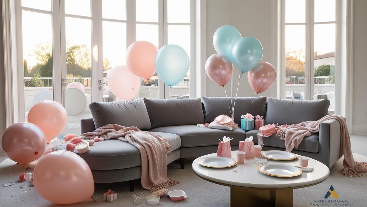 modern american living room after a baby shower. blush pink and pastel blue balloons partially deflated, empty cupcake trays, gift bags in the corner, coffee table with plates and drink cups. elegant gray section.jpg