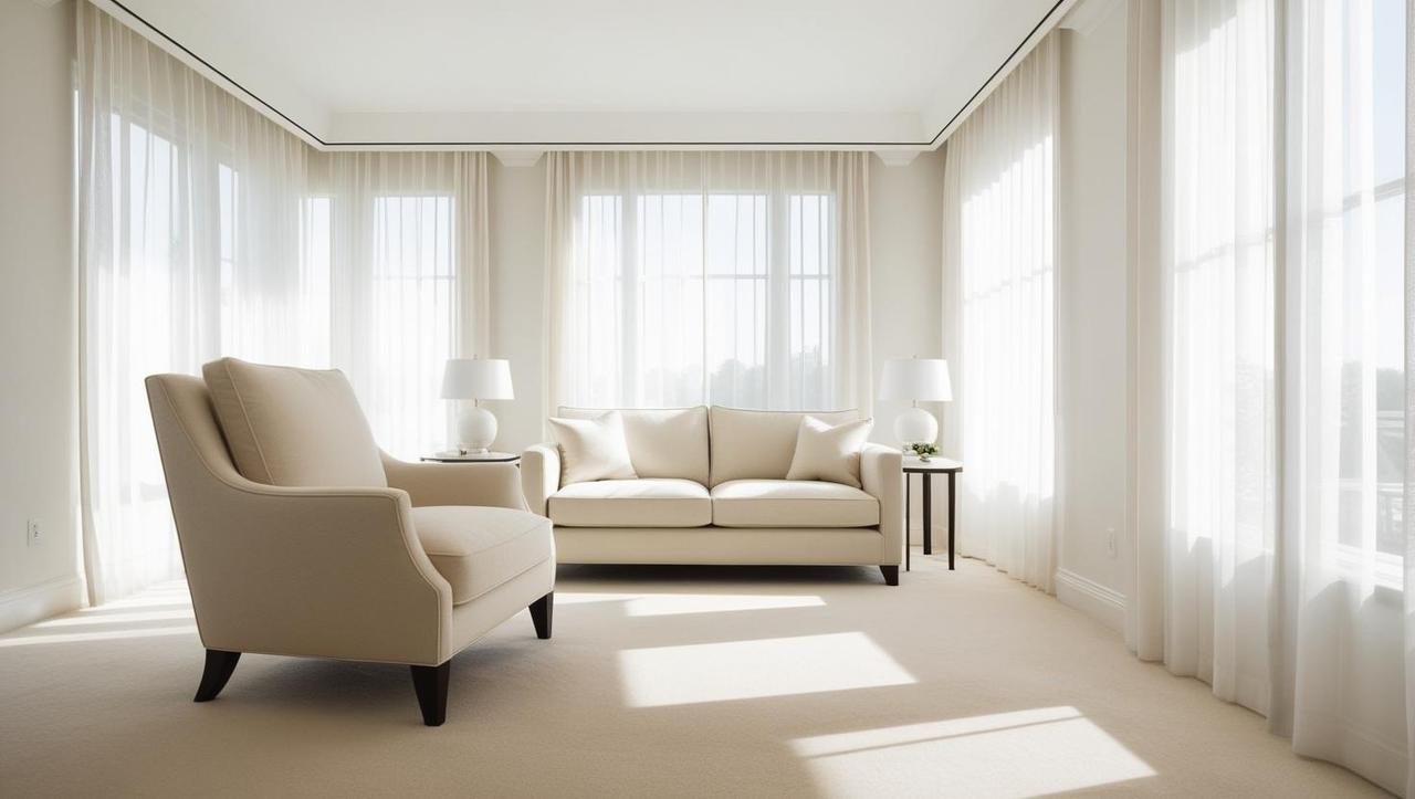 bright, upscale american living room with a soft beige armchair and neutral decor. clean carpet, sheer white curtains, soft daylight pouring in, minimalist style with a calming tone. modern and elegant, freshly c.jpg