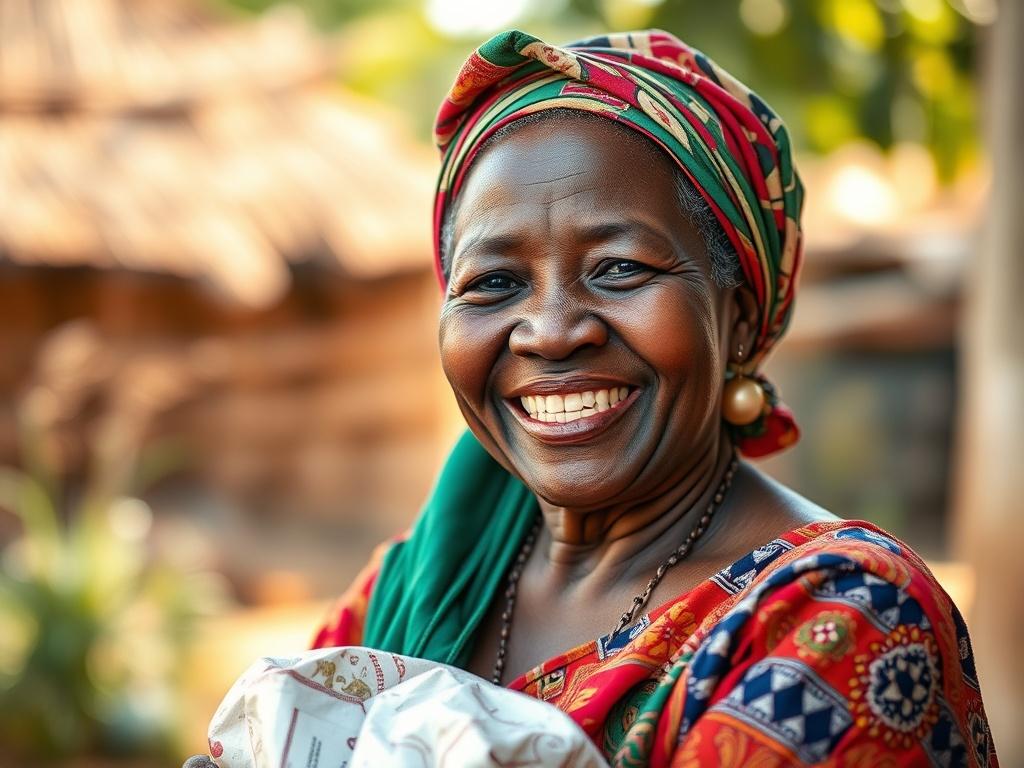 **AI Image Generation Prompt:**

Create a highly realistic and high-resolution photograph that captures the essence of the blog titled "Empowering Lives through Generosity." The composition should be simple and clear, focusing on a single subject: a joyful, middle-aged woman of Nigerian descent, embodying hope and gratitude. Her expression should radiate warmth and happiness, symbolizing the positive impact of generosity on her life.

The woman should be dressed in vibrant, traditional Nigerian attire, whic