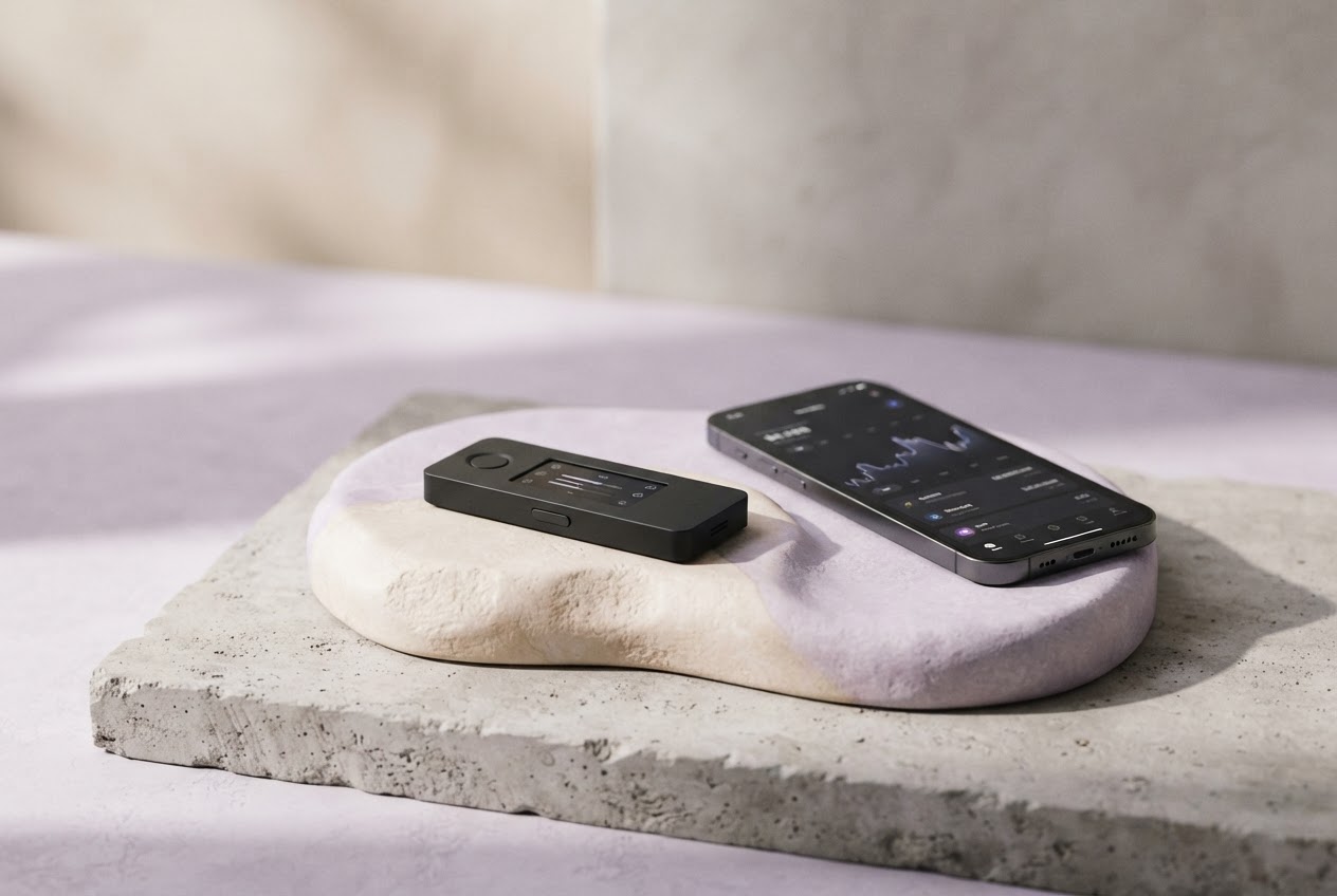 A Ledger-style hardware wallet and smartphone arranged on a sculptural studio display