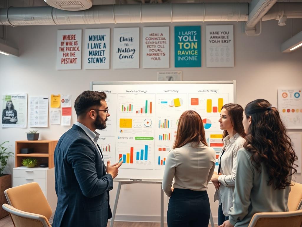 A creative workspace with a team brainstorming over a marketing