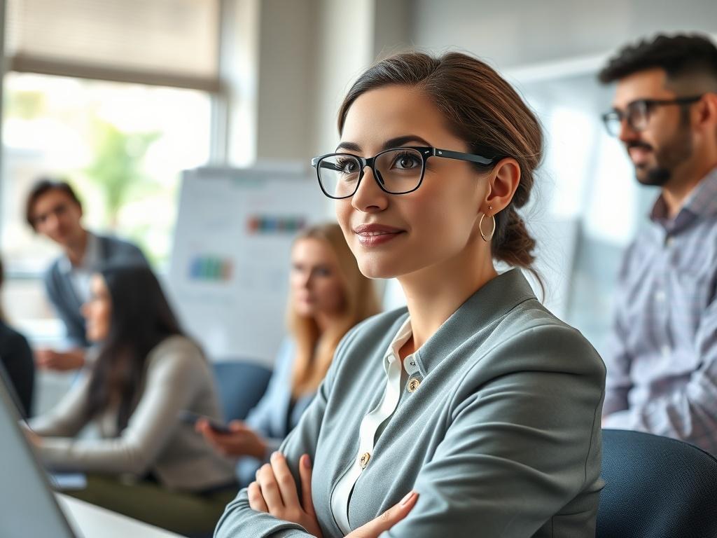 Create a hyper-realistic high-resolution photograph that captures the essence of team efficiency and development. The composition should feature a focused close-up shot of a diverse group of professionals engaged in a collaborative training session. Use a 45mm f/1.2 lens style to create a shallow depth of field, ensuring the subject is the primary focus while the background softly blurs. 

The main subject should be a woman in business attire, actively participating in the discussion, with a look of concent