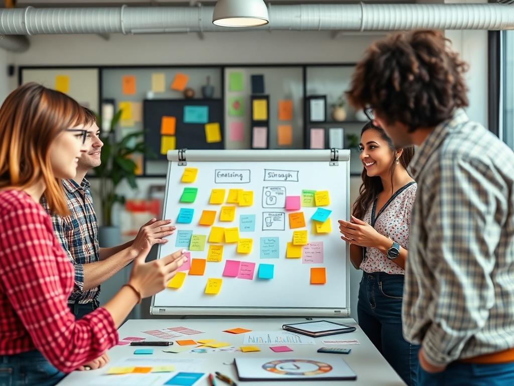A vibrant team brainstorming ideas for a brand marketing campaign in a creative office space. The environment is filled with colorful post-it notes and visual aids. One team member is presenting a concept on a whiteboard while others engage actively, showcasing collaboration and creative energy.