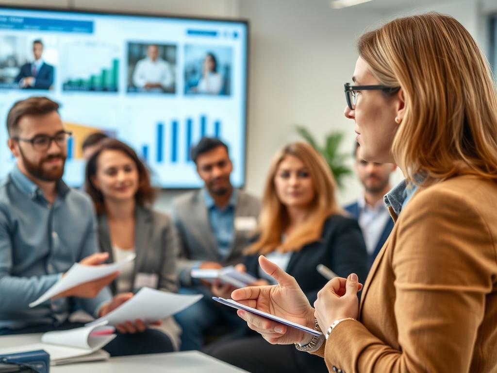 A focused trainer engaging a diverse group of professionals in a workshop setting. The environment is bright and modern, with participants actively taking notes and discussing. The trainer is mid-sentence, demonstrating enthusiasm and expertise. The background features a large screen with business-related visuals, and the atmosphere conveys collaboration and learning.