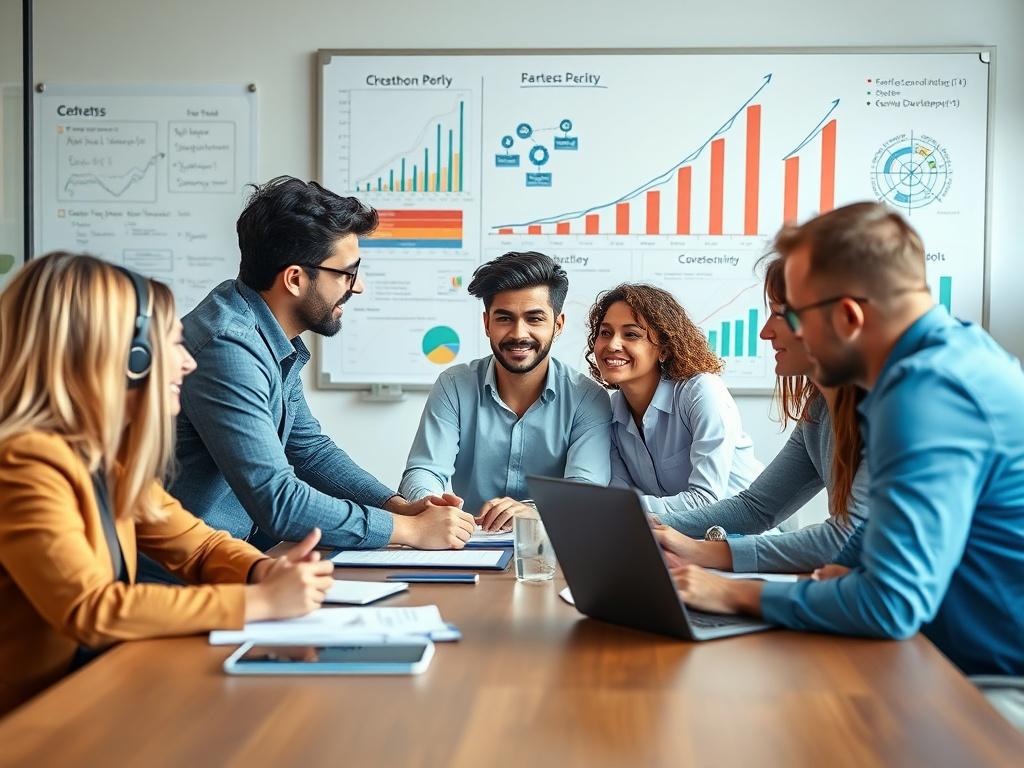 A close-up shot of a diverse team of professionals engaged in a brainstorming session around a modern conference table. The image should showcase a vibrant office environment with a whiteboard filled with strategic plans and growth charts in the background. The focus should be on the team members, displaying their enthusiasm and collaboration as they discuss business development strategies. The lighting should be bright, creating a positive and inspiring atmosphere, with an emphasis on realism and detail, c