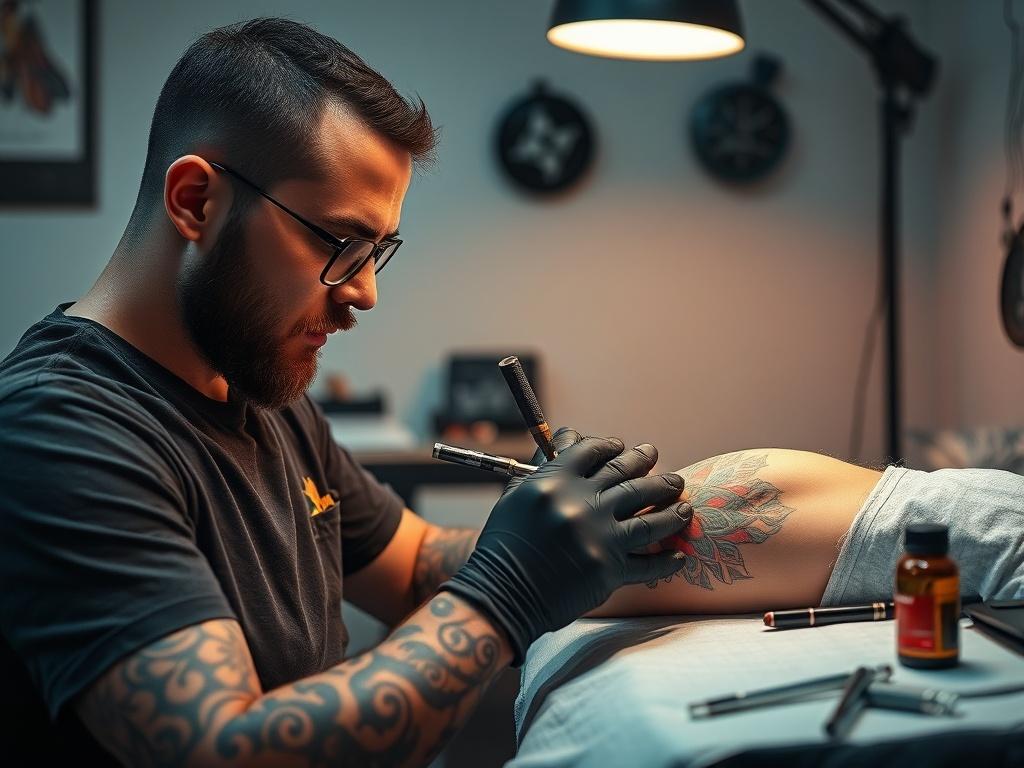 A realistic high resolution of a tattoo artist working on