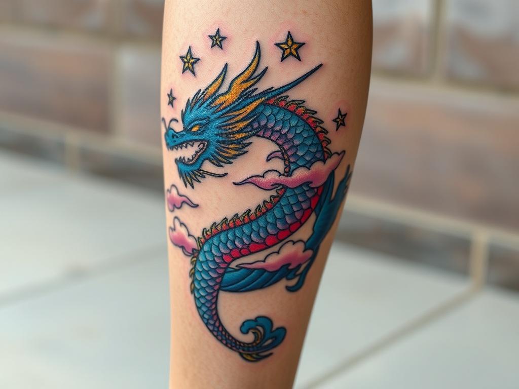 A realistic high resolution of a vibrant mythical creature tattoo