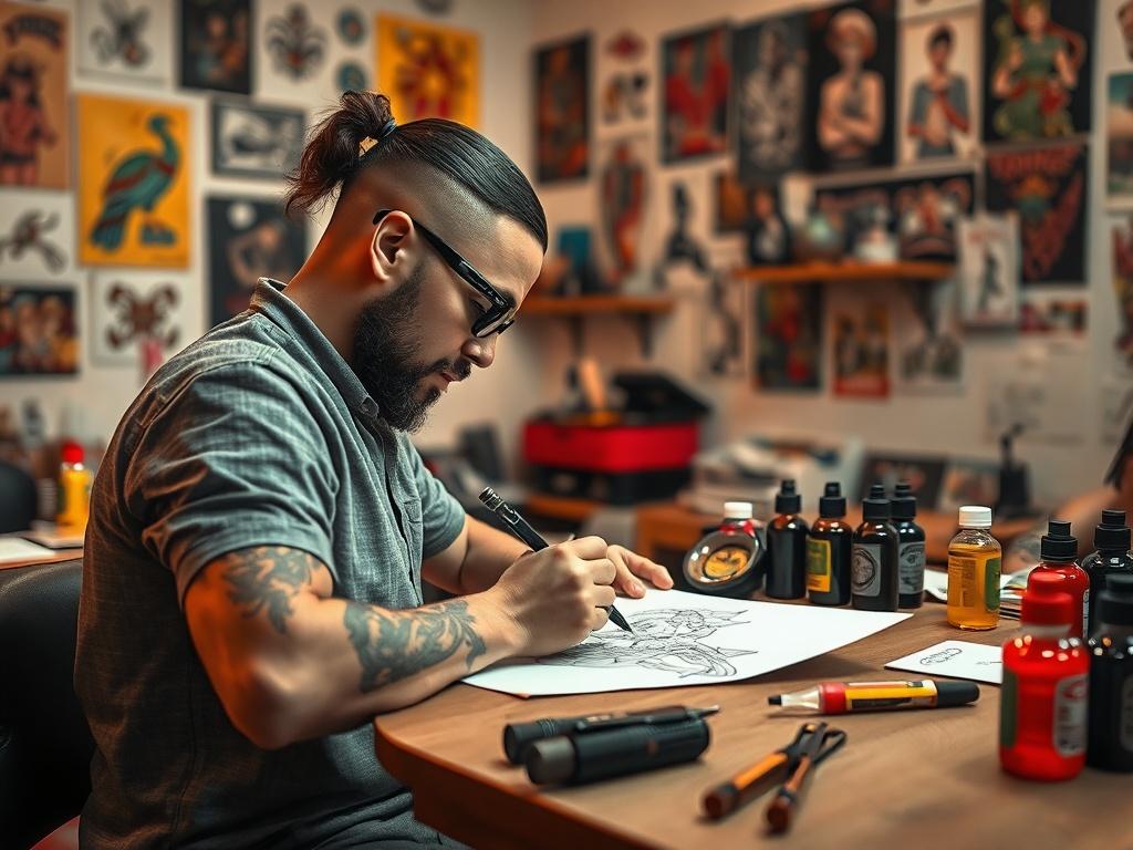A tattoo artist sketching a custom tattoo design on paper,